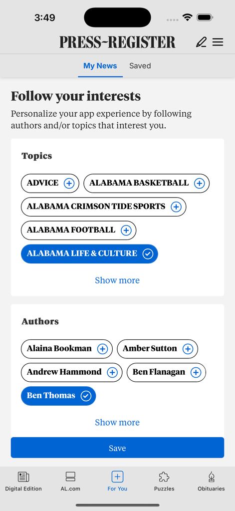The Press-Register - Personalization screen in The Press-Register app showing topics and authors to follow