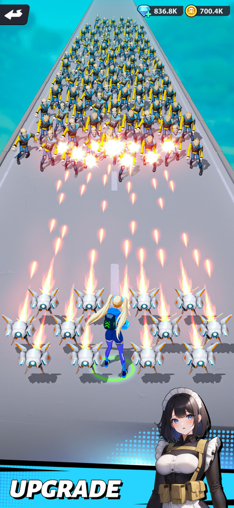 Run! Goddess - A character in Run Goddess shoots at a large group of zombies using multiple drones