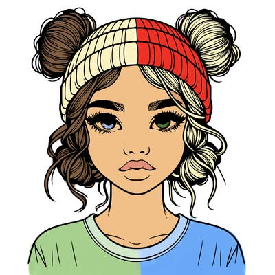 realistic girl with buns in her hair with a beanie on