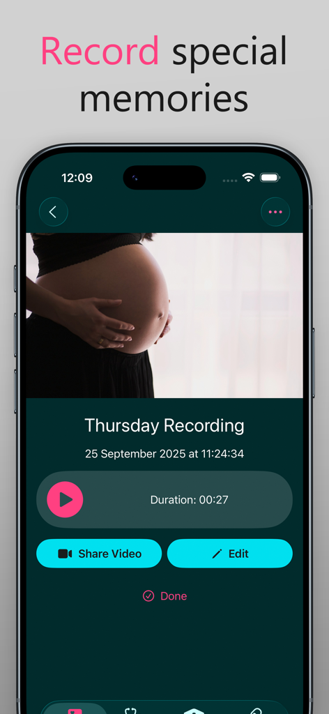 App interface showing a saved fetal heartbeat recording with options to play share video and edit