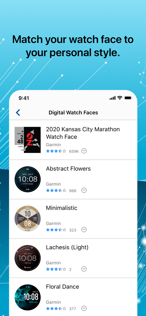 Interface du Garmin Connect IQ Store affichant les options de cadrans de montre numériques