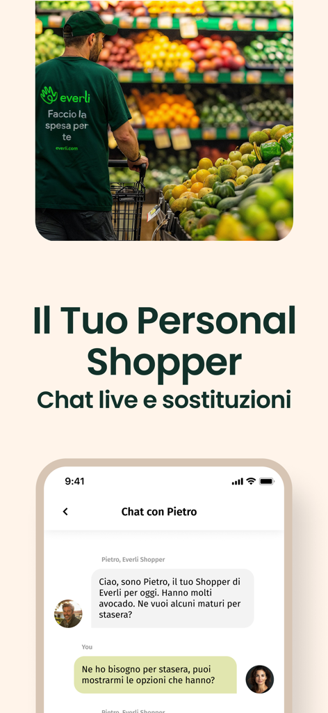 Everli - Spesa online - Everli personal shopper in a supermarket and mobile app live chat interface for grocery substitutions