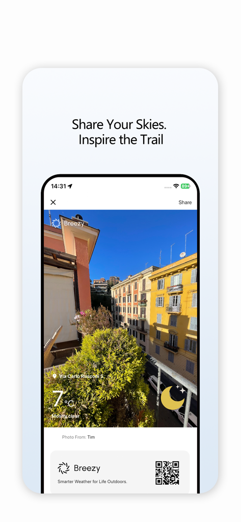 Breezy - Outdoor Weather Guru - Breezy 앱 스크린샷에 라이브 날씨 데이터 오버레이가 포함된 커뮤니티 사진 공유 표시