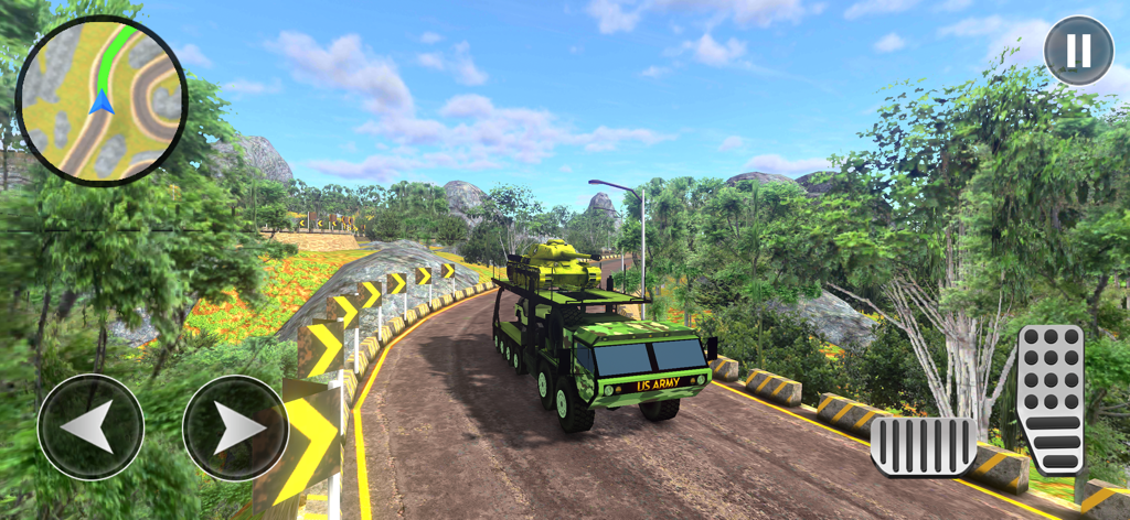 Army Cargo Truck Driving Games - Ein US-Armeelastwagen, der einen Panzer auf einer kurvenreichen Bergstraße transportiert, mit Gameplay-Bedienelementen