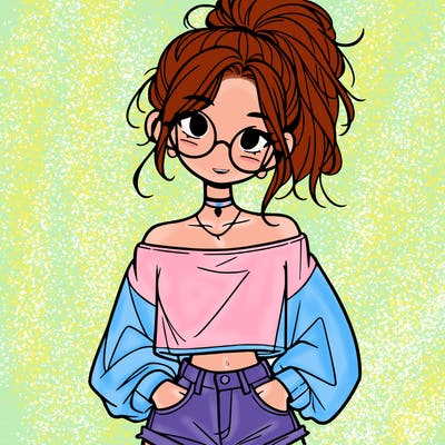 girl with a messy ponytail glasses a baggy crop top and jean shorts