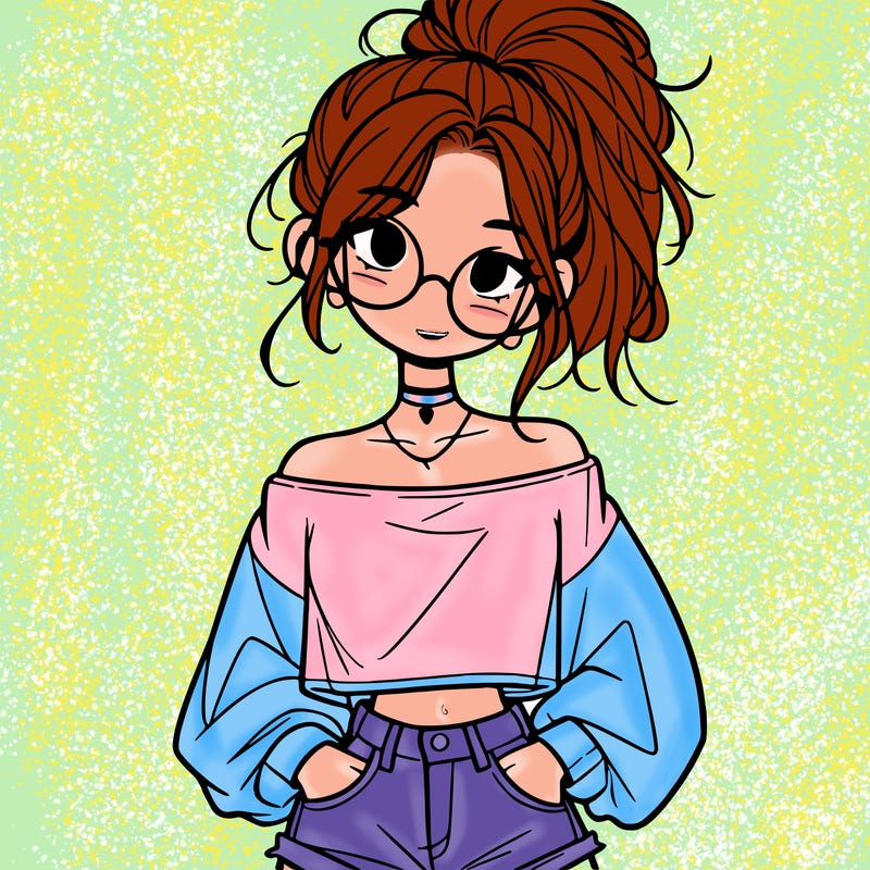 girl with a messy ponytail glasses a baggy crop top and jean shorts
