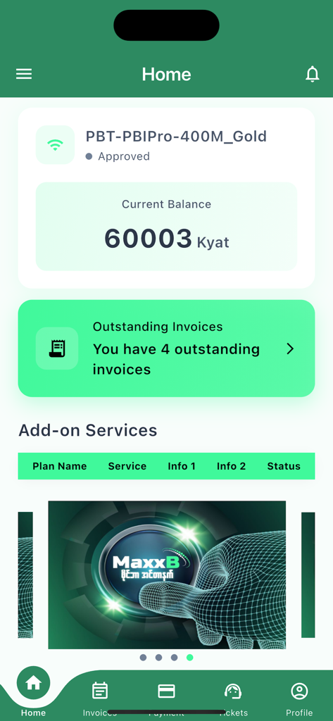 MaxxB - MaxxB app home screen showing current balance and outstanding invoices summary