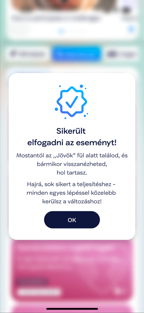 Success notification in the TISZA Világ app confirming an event acceptance with a blue checkmark icon.