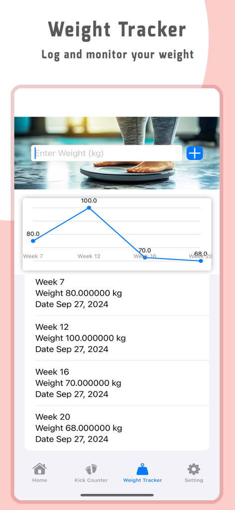 DueDate:Pregnancy week by week - Pantalla del rastreador de peso en la aplicación de embarazo DueDate que muestra un gráfico de progreso y registros de peso semanales