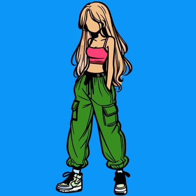 girl in baggy pants crop top and long hair