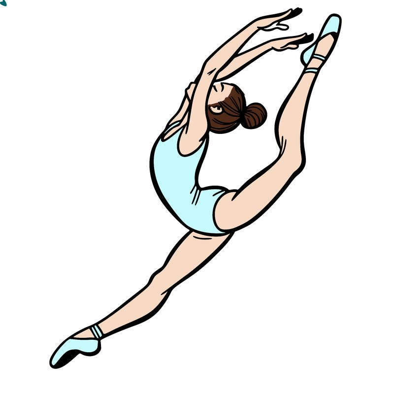 gymnast doing a leap in a leotard with a bent back leg
