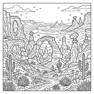 Unleash your creativity with this intricate desert landscape featuring impressive rock formations. Discover the beauty of natural arches, tall spires, and perfectly balanced stones waiting for your vibrant touch.