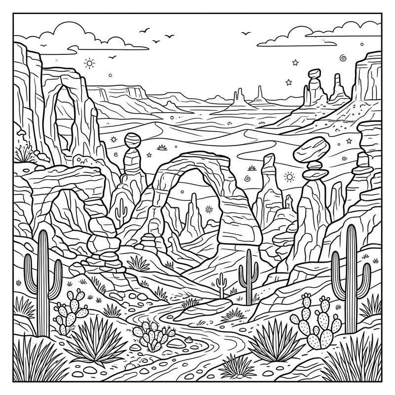 Unleash your creativity with this intricate desert landscape featuring impressive rock formations. Discover the beauty of natural arches, tall spires, and perfectly balanced stones waiting for your vibrant touch.