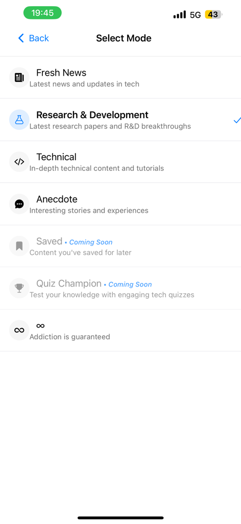 TechTok app screen showing content modes including fresh news research and development and technical tutorials