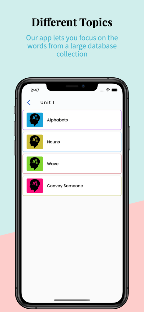 Learn Italian Language Easily - Mobile app screen displaying Italian language learning topics including alphabets and nouns