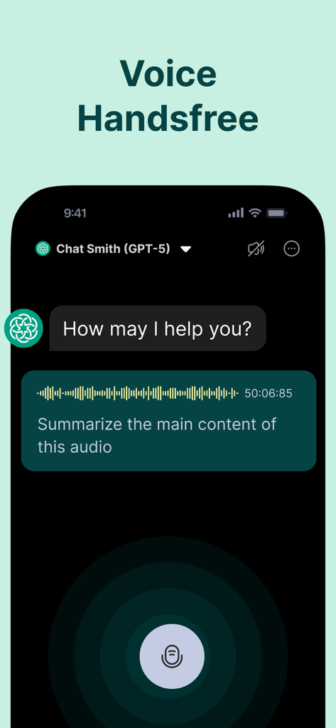 Chat Smith AI app interface showing the voice handsfree feature with an audio summarization request and a waveform visual