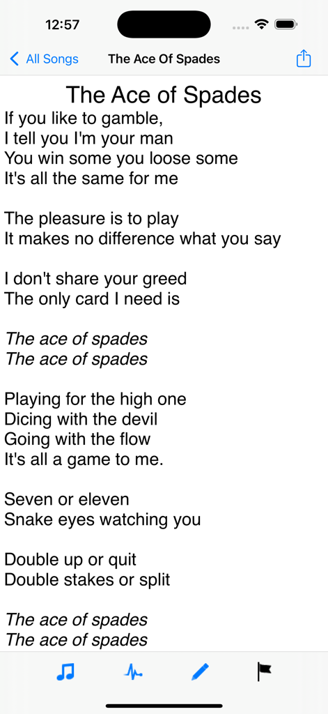 My Lyric Book - Interface of My Lyric Book app showing song lyrics for a live music performance