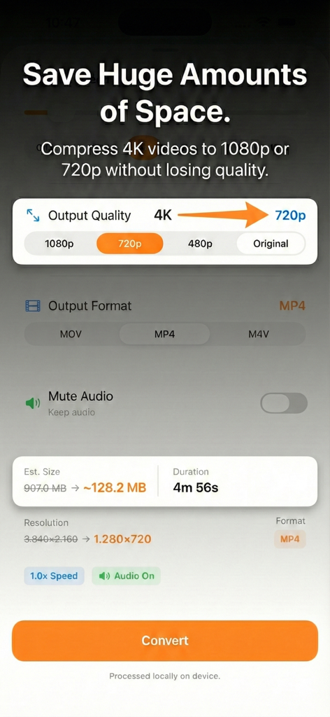 Offline Video Converter & Tool - 저장 공간을 절약하기 위해 4K에서 720p로 비디오 압축을 보여주는 인터페이스