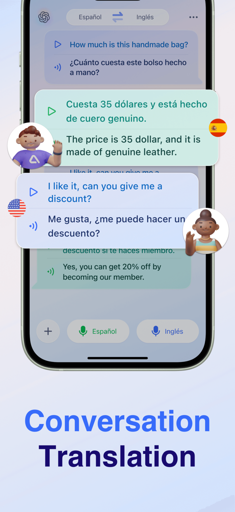 Voice Translate: AI Translator - Interfaz de traducción de conversaciones bilingües en la aplicación Voice Translate AI.