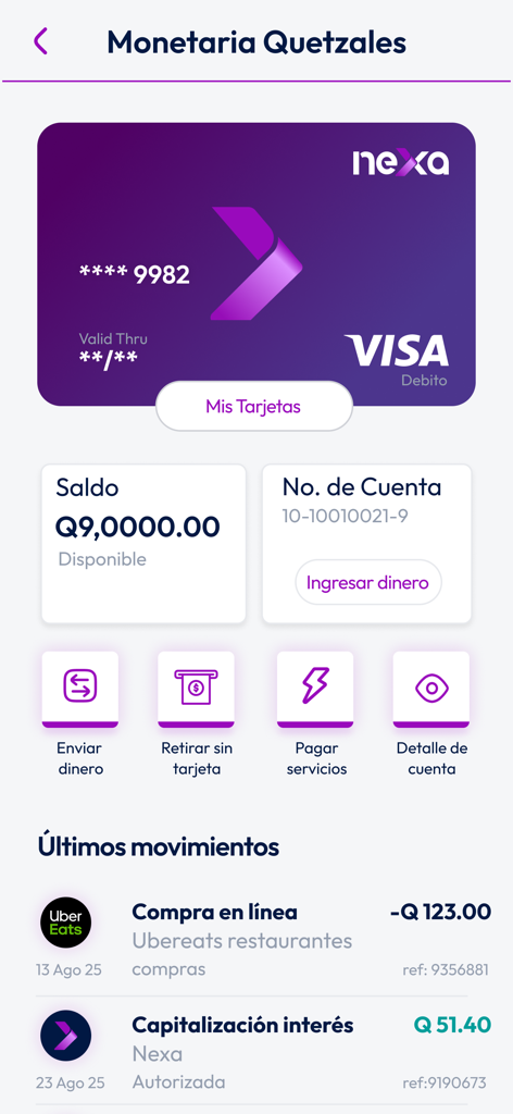 Banco Nexa - Banco Nexa mobile app interface showing account balance in Guatemalan Quetzales, a virtual Visa debit card, and transaction history.