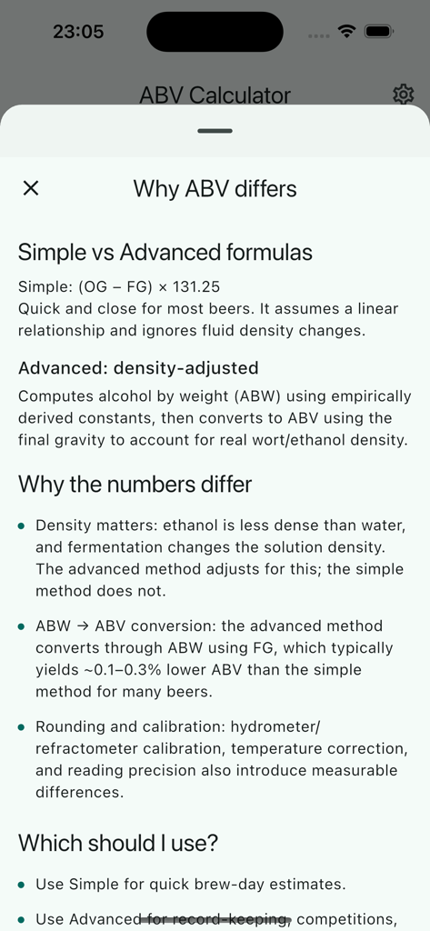 ABV Calculator - Minimalistic - 醸造のヒントとともに、シンプルおよび高度なABV計算式の説明。