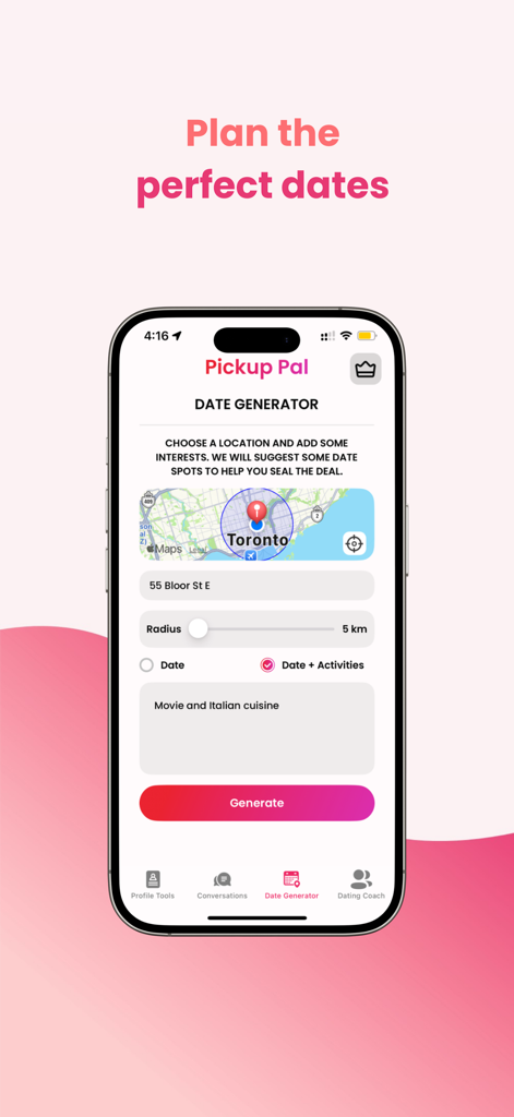 Pickup Pal AI - Pickup Pal AI app screen showing the date generator feature for planning personalized dates