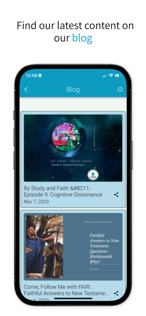 Faithful Answers - Pantalla del blog de la aplicación Faithful Answers que muestra artículos de estudio religioso y publicaciones de blog.