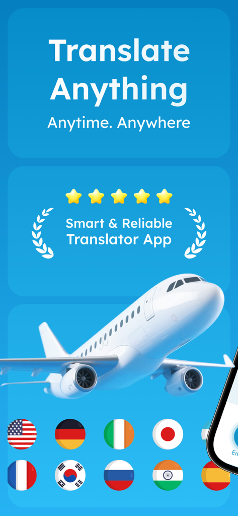 Live Talk Translator app screen featuring an airplane and international flags for global travel translation