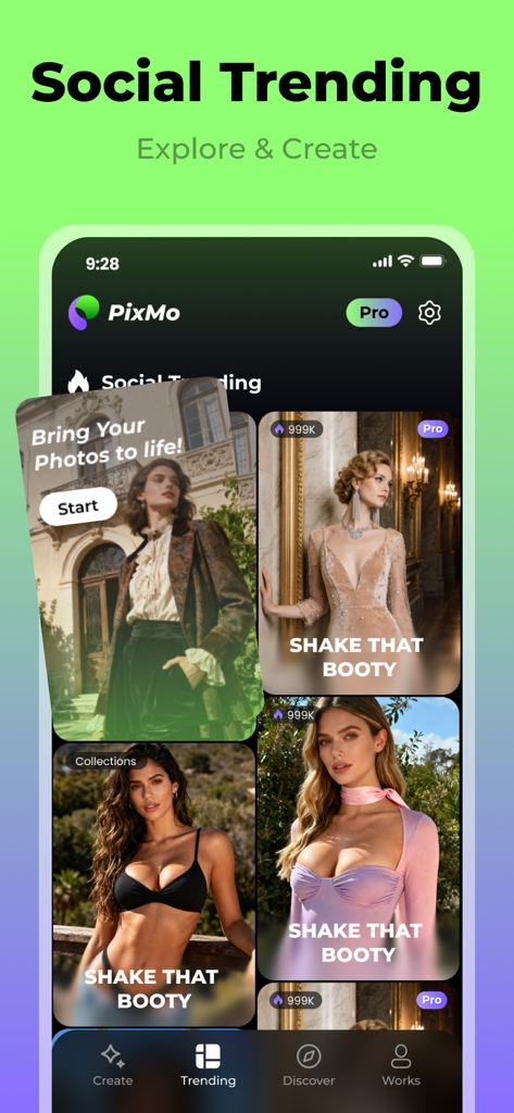 Interfaz de la aplicación PixMo mostrando plantillas de vídeo IA de tendencia y estilos de redes sociales
