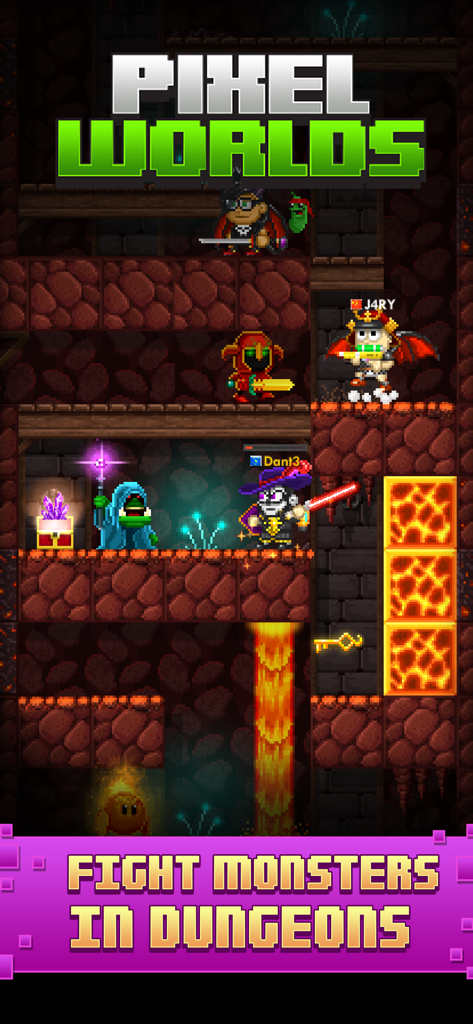 Pixel Worlds: MMO Sandbox - Multiple characters fighting monsters in a pixelated dungeon within Pixel Worlds MMO