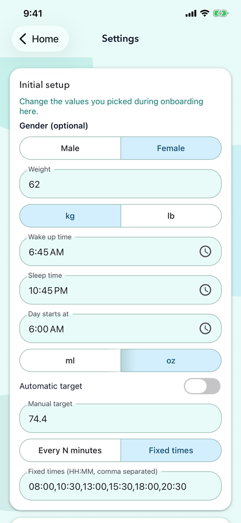 Waterly Water Tracker - Initial setup screen in the Waterly app for configuring weight, sleep times, and hydration reminders