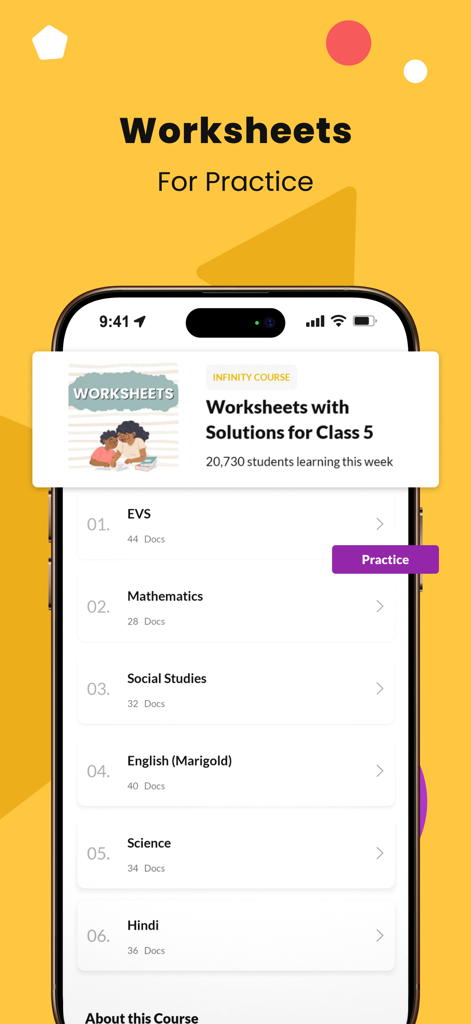 Class 5 CBSE All Subjects App - Class 5 CBSE educational app interface showing a list of practice worksheets for subjects like Math, Science, and Social Studies.