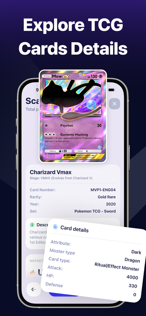 TCGSnap: Card Value Scanner - Mobile app interface displaying detailed statistics and rarity for a scanned trading card