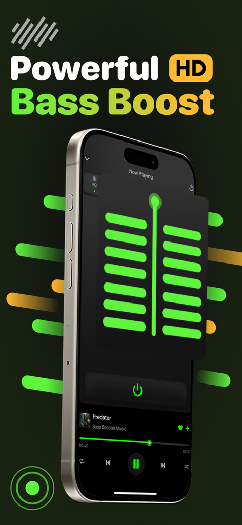 iPhone screen displaying the Bass Booster and EQ Amplifier app with a large green graphic visualizer and the text Powerful HD Bass Boost.