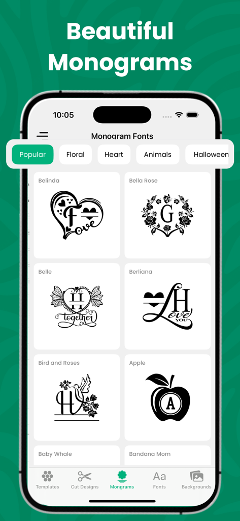 Sublimation Designer Printer - Pantalla de la aplicación móvil mostrando una colección de artísticos diseños de fuentes de monogramas para impresión por sublimación
