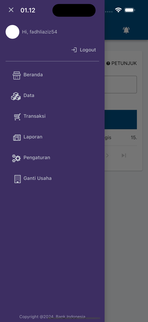 Side navigation menu of the SIAPIK BI accounting app showing various business management options.
