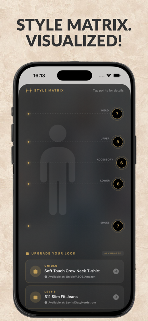 The Stylist - AI Outfit Critic - Interfaz de la aplicación The Stylist que muestra una matriz de estilo con puntuaciones numéricas para diferentes categorías de ropa y recomendaciones de atuendos curadas por IA.