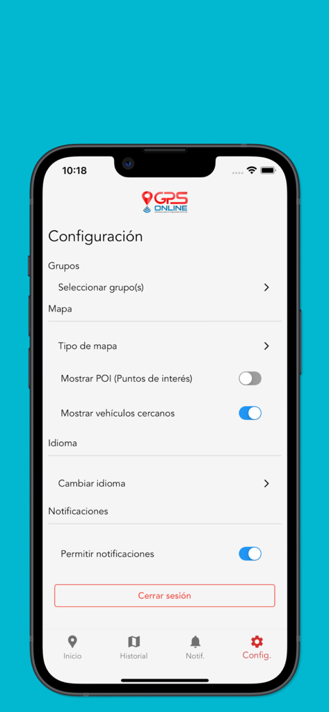 GPS Online - Konfigurationsbildschirm der GPS Online App mit Einstellungen für Flottenmanagement und Benachrichtigungen