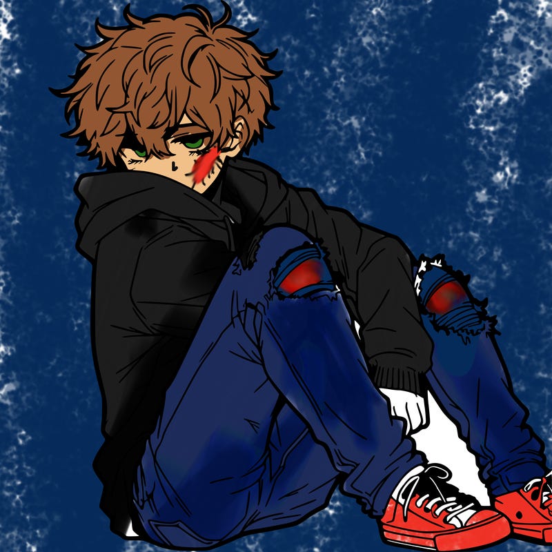 a male hoddie ripped jeans messy hair anime