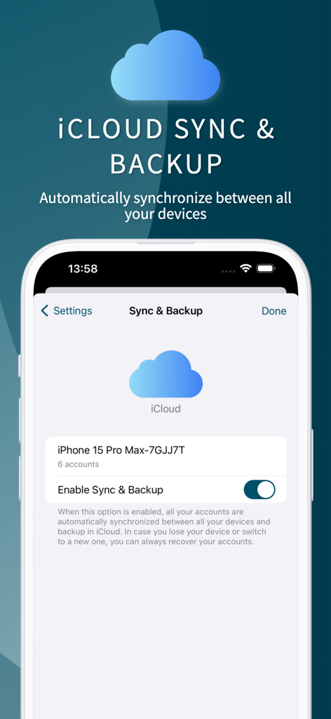 Écran des paramètres de l'application Authenticator montrant la fonctionnalité de synchronisation et de sauvegarde iCloud activée pour la synchronisation multi-appareils.