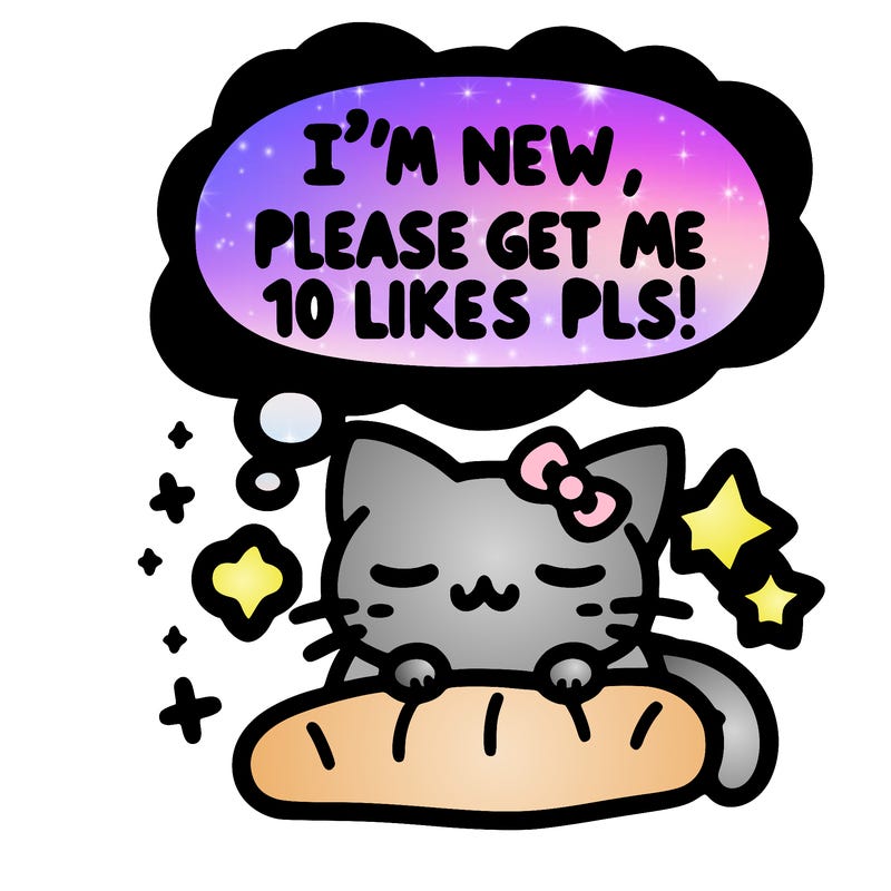 kitty taking a nap dream talking and saying "i'm new, please get me at least 10 likes pls!!"