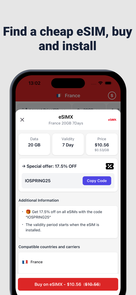 Mobile app interface showing a 20GB prepaid eSIM data plan for France with a discount offer