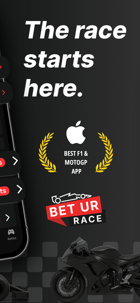 BERACE - Racing Predictions - Pantalla de introducción de la aplicación BERACE que muestra el eslogan La carrera comienza aquí y una insignia de premio a la mejor aplicación de F1 y MotoGP