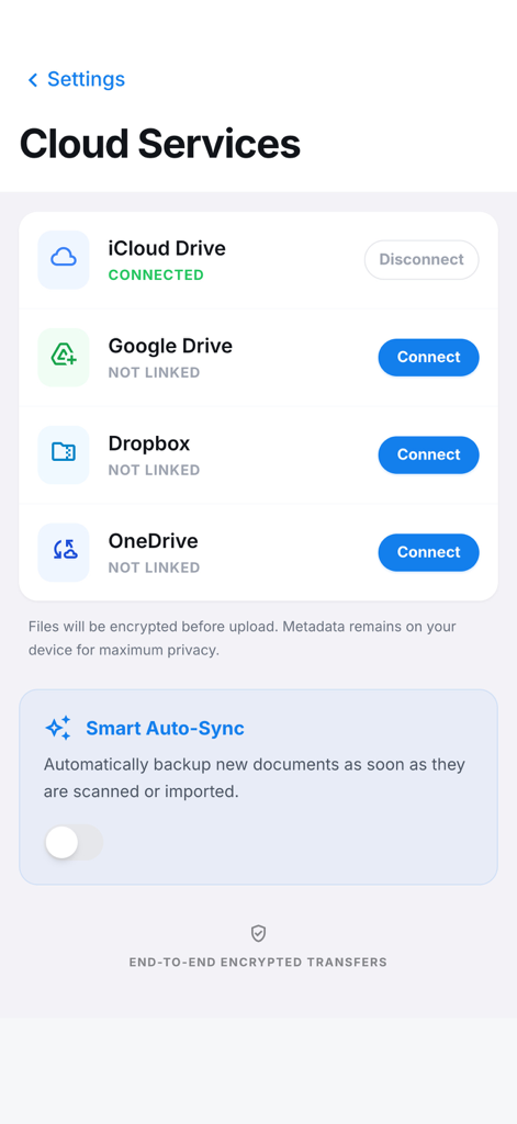 File Tools - File Manager - Schermata delle impostazioni dei servizi cloud in File Tools che mostra opzioni per iCloud, Google Drive, Dropbox e OneDrive con dettagli sulla crittografia