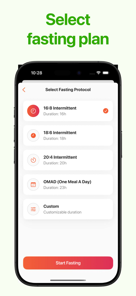 Intermittent Fasting Trackerㅤㅤ - Interfaz de la aplicación Rastreador de Ayuno Intermitente que muestra una lista de protocolos de ayuno que incluyen 16 8 y OMAD