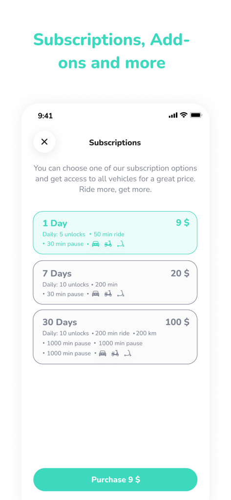 IZZY app subscription page showing daily and monthly rental plans for electric scooters