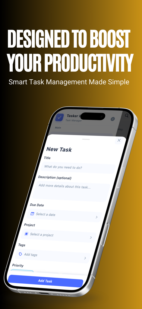 TaskerPro 생산성 앱에서 새 작업 생성 인터페이스를 보여주는 iPhone.