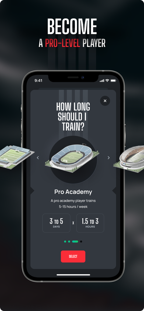 Train Effective app screen for selecting a soccer training schedule based on pro academy standards