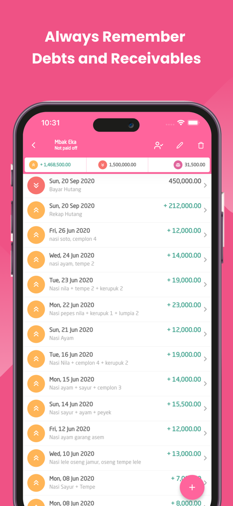 Smartphone screen displaying the debt and receivables tracking feature of the Sepran Expense Manager app.