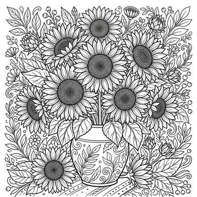 Bring the warmth and beauty of sunflowers into your creative space with this stunning coloring page. Featuring a lush bouquet of cut sunflowers in a charming vase, it's perfect for a relaxing and fulfilling coloring session.